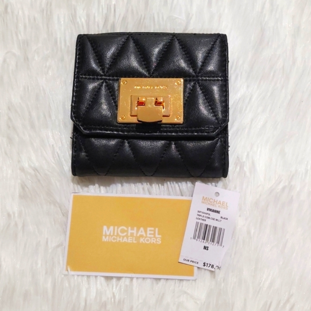 Micheal Kors, trifold coin case, wallet, black, soft leather, quilt.